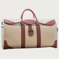 Westfield Large Canvas & Leather Duffel Bag - OAK & ELK Classic Rectangular Waxed Canvas Travel Bag, Classic Rectangular Duffle Bag With Leather Trim, Beige Bags With Brass Hardware For Daily Use, Daily Beige Bags With Brass Hardware, Beige Leather Rectangular Travel Bag, Beige Rectangular Leather Travel Bag, Beige Leather Tote Travel Bag, Beige Waxed Canvas Travel Bag, Luxury Beige Leather Travel Bag