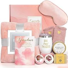 a pink gift box with personal care items