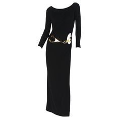 Vintage Runway Tom Ford for Gucci Black Jersey Dress Gown F/W 1996 Collection Designer size - 42 Black Jersey, Fully Lined, Slip-on Style. Black Pony Hair Belt with Gold-Tone Polished Metal Hardware - 75/30 ( extra one hole for adjustment ) Measurements: Length - 56 inches, Bust - 32/34", Waist - 32/34". Fabric Very Stretch. Made in Italy Excellent condition. Tom Ford X Gucci, Runway Gowns Evening, Gucci Runway Outfits, Accessories For Black Dress, Vintage Gucci Dress, 90s Catwalk, Gucci Black Dress, Jjba Characters, Vintage Tom Ford