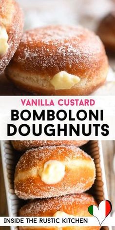 vanilla custard bomboni doughnuts in a box with text overlay