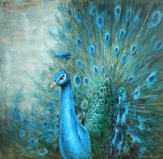 a painting of a blue peacock with feathers spread out