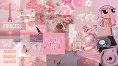 a collage of pink and white images