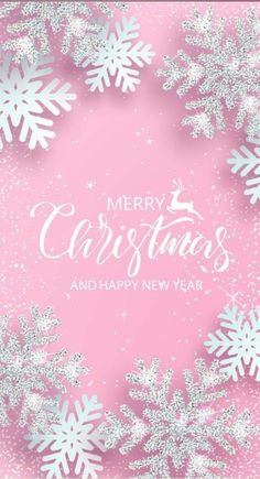 merry christmas and happy new year card with snowflakes on pink paper background illustration