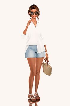 a woman in shorts and sandals holding a handbag