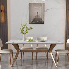 a marble dining table with four chairs and a vase on the end, in front of a white wall