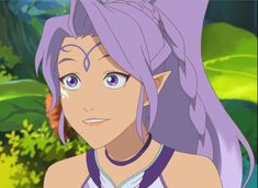 an anime character with purple hair and blue eyes in front of green foliage, looking at the camera