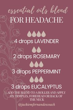 Headache Essential Oil Blend Rollerball, Headache Blend Essential Oils, Essential Oil For Headaches, Headache Essential Oil, Headache Relief Essential Oils, Essential Oils For Migraines, Essential Oil Spray Recipes, Essential Oil Roller Bottle Recipes