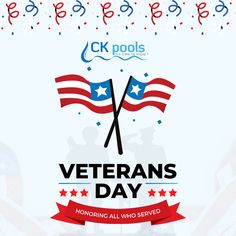 veterans day poster with two flags and confetti in the background for cr pools