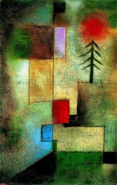 an abstract painting with trees and squares in the background, including red, green, yellow and blue colors