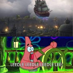 an animated cartoon character is in front of a ship and the caption reads, lede leedle leed lee?