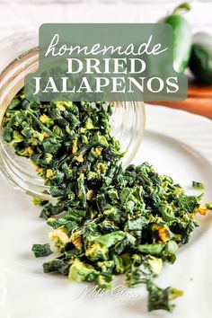 homemade dried jalapenos in a jar on a plate with the title above it