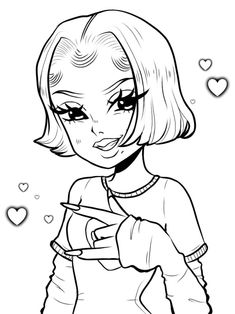 a cartoon girl holding a knife in her hand with hearts around her neck and eyes