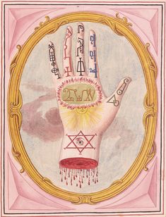 a drawing of a hand with symbols on it