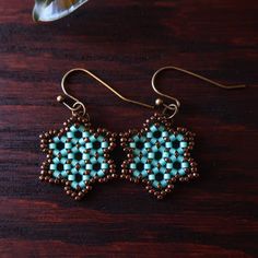 Temple Tree Hexagon Mandala Earrings - Aqua and Bronze - Tiny Hexagon Mandala, Honeycomb Jewelry, Bead Tassels, Tassels Earrings, Tree Heart, Seed Bead Jewelry Patterns, Mandala Jewelry, Mandala Earrings, Beaded Earrings Native