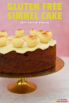 a close up of a cake on a plate with the title gluten free sinnel cake