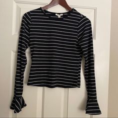 Ultra Flirt Striped Bell-Sleeve Ribbed Long Sleeve New With Tag Nwt Black And White Striped Sz Medium 87% Polyester 10% Rayon 3% Spandex Fitted Top With Striped Sleeves For Fall, Fitted Top With Striped Sleeves, Stripped Longsleeve, Stripped Long Sleeve Tshirt, Black And White Striped Long Sleeve Shirt, 90s Striped Long Sleeve Tops, Black And White Striped Long Sleeve, Blue Horizontal Stripe Long Sleeve Top, Floral Long Sleeve Shirt