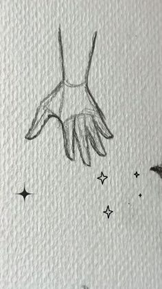 a drawing of a bird flying in the sky with stars around it and one hand reaching for something