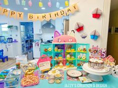 a birthday party with lots of food and decorations