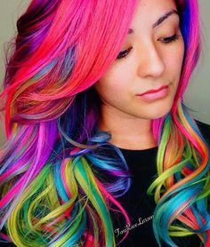 pink green rainbow streak dyed hair Lavender Hair Ombre, Funky Hair Colors, Different Hair Colors