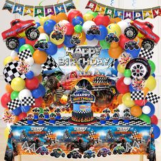 an image of a birthday party with cars and balloons