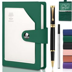 a note book, pen and notebook with four different colors