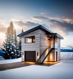 a small house in the snow with stairs leading up to it's second story