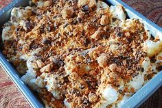 a casserole dish with white and brown toppings