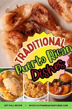 the cover of traditional puerto rican dishes with pictures of different foods in bowls and sauces