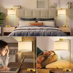 a woman laying in bed next to a laptop computer and lamp on top of a desk