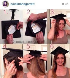 How to put your graduation cap on without ruining your hair. Fold back front and attach to hair with bobby pins Big Time Rush Graduation Cap, How To Pin Graduation Cap To Head, Scrub Tech Graduation Party, Graduation Cap Hacks Headband, Graduation Cap For Guys, Graduation Cap Headband Hack, What Like Its Hard Grad Cap, Grad Cap Designs College, Highschool Graduation Cap Designs