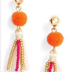 A Lush Tassel Strung With A Colorful Assortment Of Beads Swishes And Sways From A Fluffy Pompom On These Whimsical Gold-Plated Drops. Colors: Orange Pompon / Hot Pink Light Pink And Gold Beads / Natural Color Thread 1 3/4" Drop; 3/8" Width Post Back 14k-Gold Plate/Textile/Seed Bead Pink Beaded Tassel Earrings For Summer, Pink Tassel Beaded Earrings For Summer, Trendy Pink Dangle Tassel Earrings, Summer Pink Beaded Tassel Earrings, Pink Tassel Drop Beaded Earrings, Pink Beaded Tassel Drop Earrings, Trendy Pink Tassel Earrings, Pink Tassel Beaded Earrings For Beach, Elegant Pink Tassel Earrings For Spring