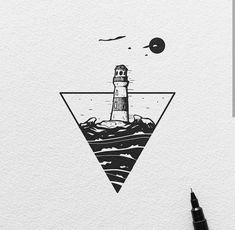 a drawing of a lighthouse in the ocean