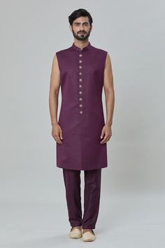 Wine short sherwani jacket with all over geometric butti embroidery. Paired with an inner sleeveless kurta and aligadhi pant. - Aza Fashions Short Sherwani, Butti Embroidery, Sherwani Jacket, Embroidery Geometric, Sleeveless Kurta, Wine Art, Buy Wine, Embroidered Shorts, Silk Embroidery