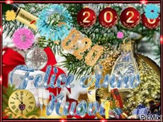 a happy new year card with christmas decorations