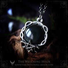 This pentagram pendant is adorned with a large natural rainbow obsidian. The pentagram symbolizes the union between the mind and the natural elements (water, air, earth and fire). - High quality pewter, 97% pure and hypoallergenic - Totally handmade - Natural rainbow obsidian - Sold without chain, choose your stainless steel chain of 46 cm / 17" or 60 cm / 24" (hypoallergenic) - Size of the pendant: 3,5 x 3,8 cm This pendant is an original creation of The Witching Hour It was designed and totall Spiritual Silver Obsidian Necklace, Mystical Black Necklace For Gift, Black Gothic Necklaces For Larp, Mystical Healing Necklace With Cabochon, Mystical Black Jewelry For Healing, Handmade Black Mystical Necklace, Handmade Black Necklace For Larp, Spiritual Obsidian Pendant Jewelry, The Witching Hour