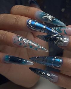 Blue Stiletto Nails, Royals Nails, Blue And Silver Nails, Indigo Nails, Diy Acrylic Nails, Blue Acrylic Nails, Nails Design With Rhinestones, Stiletto Nails Designs