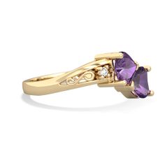 Two hearts, snuggled up against each other, in a warming 14K Yellow Gold embrace. This ring features beautiful heart shaped amethyst and  gems. Accented by two dazzling diamonds, with an elegant filigree curve. You can customize this ring, perhaps choosing your loved one's favorite colors, or the birthstones of you and your love. 14k Gold Purple Ring With Diamond Accents, Elegant Purple Heart Promise Ring, Purple 14k Gold Promise Ring, Elegant Purple Heart Ring For Anniversary, Purple Birthstone Promise Ring In 14k Gold, Purple 14k Gold Promise Birthstone Ring, Purple 14k Gold Ring With Diamond Accents, Purple Birthstone Ring With Diamond Accents For Anniversary, 14k Gold Amethyst Ring With Diamond Accents For Gift