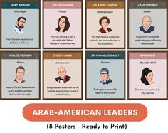 an image of some people with their heads in different styles and colors, including the words arab - american leaders 8 posters ready to print