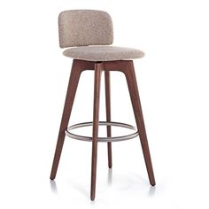 an upholstered bar stool with a wooden frame and fabric seat pad, viewed from the front