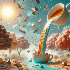 an image of a coffee cup that is pouring rainbow into the sky with books falling from it