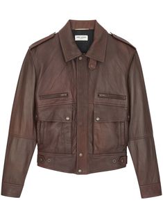 brown lambskin classic collar front button fastening long sleeves two zip-fastening pockets two front patch pockets Oversized Leather Jacket, Cotton Lycra Fabric, Cuffed Pants, Pocket Jacket, Brown Leather Jacket, Leather Motorcycle Jacket, Oversized Silhouette, Leather Fashion, Versace