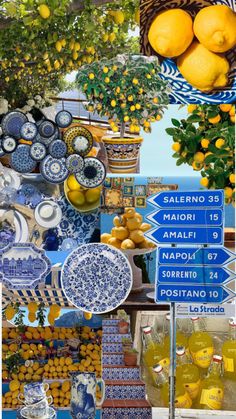 there is a collage of lemons and plates on display in front of the street sign