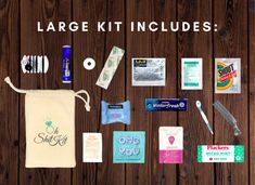 an assortment of personal care items laid out on a wooden surface with the words large kit includes