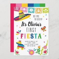 a mexican fiesta themed birthday party card with the text it's ellivias first fiesta