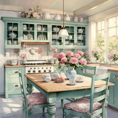 a kitchen with green cabinets and pink flowers