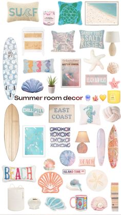 a collage of beach themed items with the words summer room decor on them and an image of a surfboard