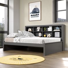 a bedroom with a bed, bookcase and rug on the floor in front of windows