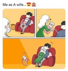 a comic strip with an image of a man hugging a woman on the couch and texting, my future wife be like