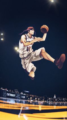 a basketball player is in mid air with his foot up and holding the ball above his head