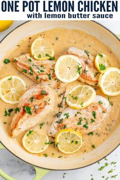 chicken with lemons and herbs in a pot